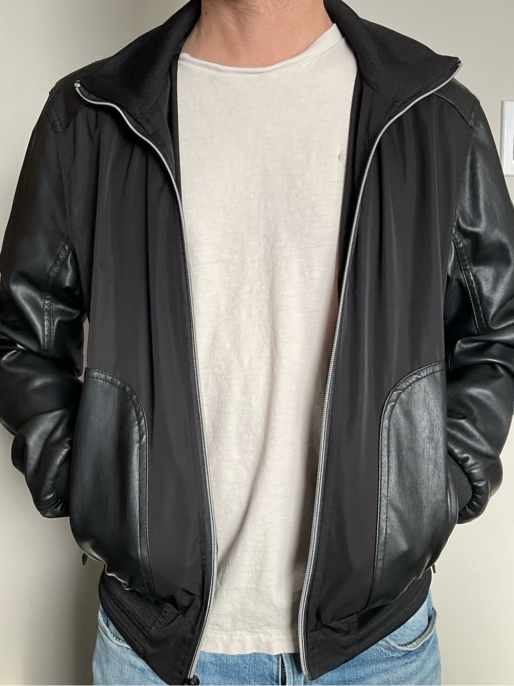 Guess Black Mixed-Media Bomber Jacket